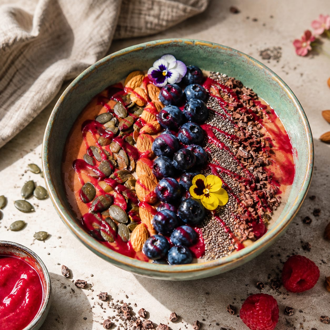 Overhead view of a smoothie bowl with toppings arranged in neat vertical columns of pumpkin seeds, almonds, blueberries, chia seeds and cacao nibs, finished with a magenta berry drizzle and edible flowers