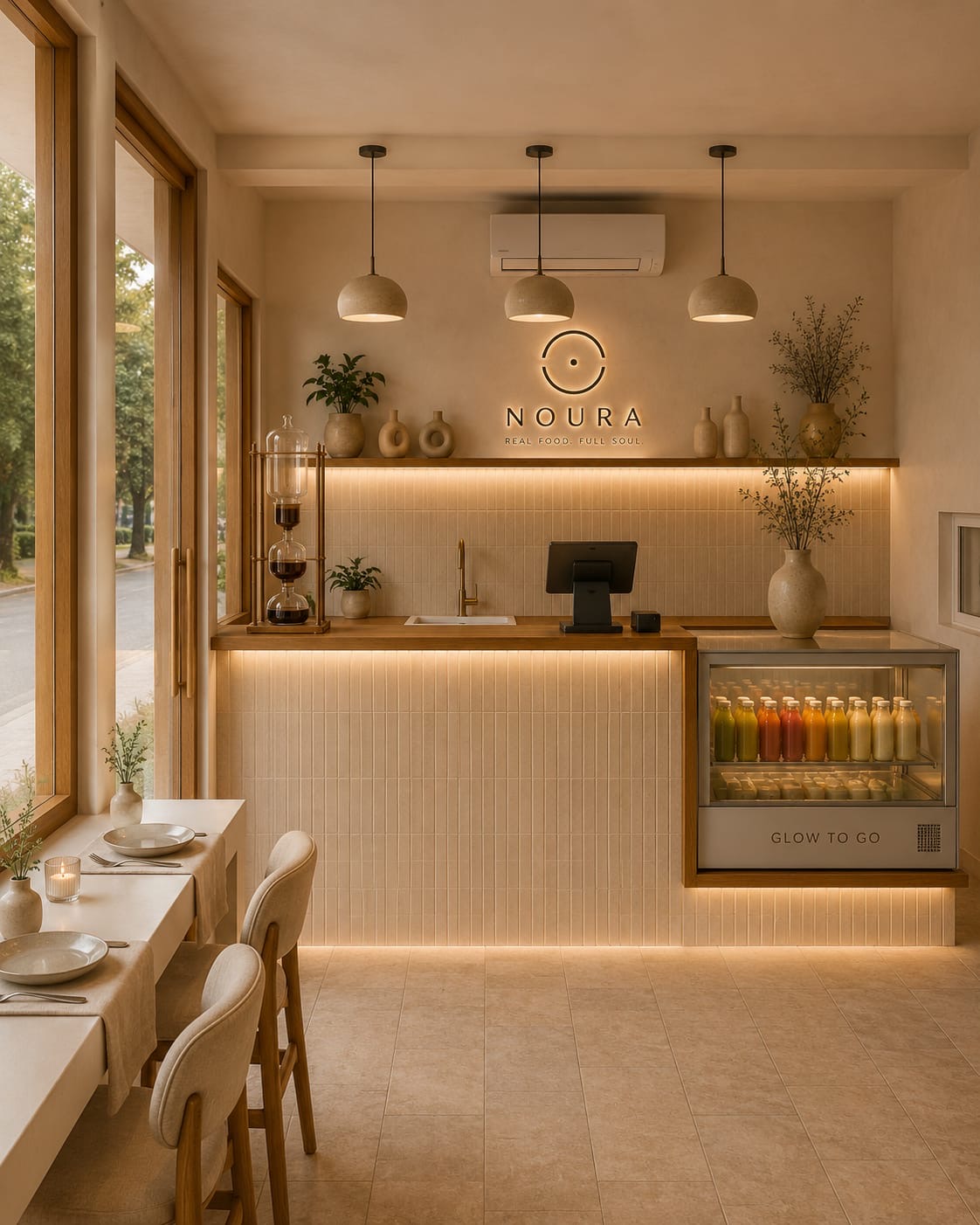 Cafe service counter with warm wooden top, cream tiled backsplash and dome pendant lights, the NOURA logo and Real Food. Full Soul. tagline on the back wall, and a refrigerator of colorful bottled juices labeled Glow to Go