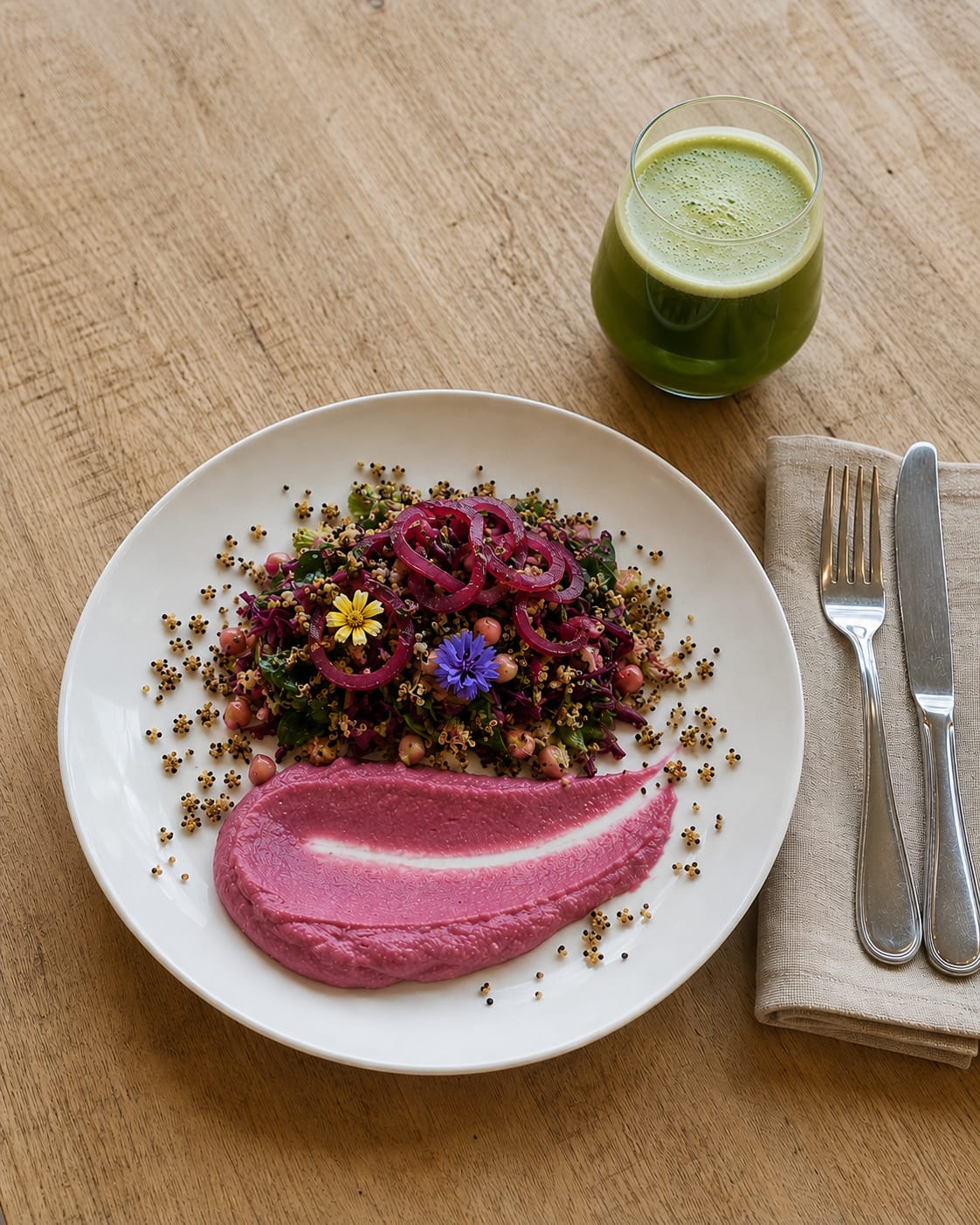 The Pink Horizon salad with dark greens, purple cabbage, chickpeas and magenta pickled onions over a pink beet puree swipe, with a green juice on a wooden table