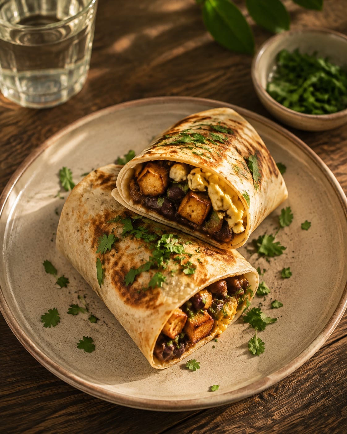 Grilled breakfast burrito cut in half and stacked on a beige ceramic plate, showing beans, golden tofu cubes and scrambled egg, on a dark wooden table with a glass of water and a small bowl of herbs