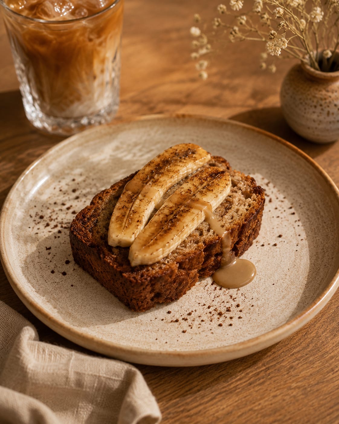 Thick slice of toasted banana bread topped with caramelized banana halves and a creamy drizzle, served on a speckled ceramic plate beside an iced latte and dried flowers on a wooden table