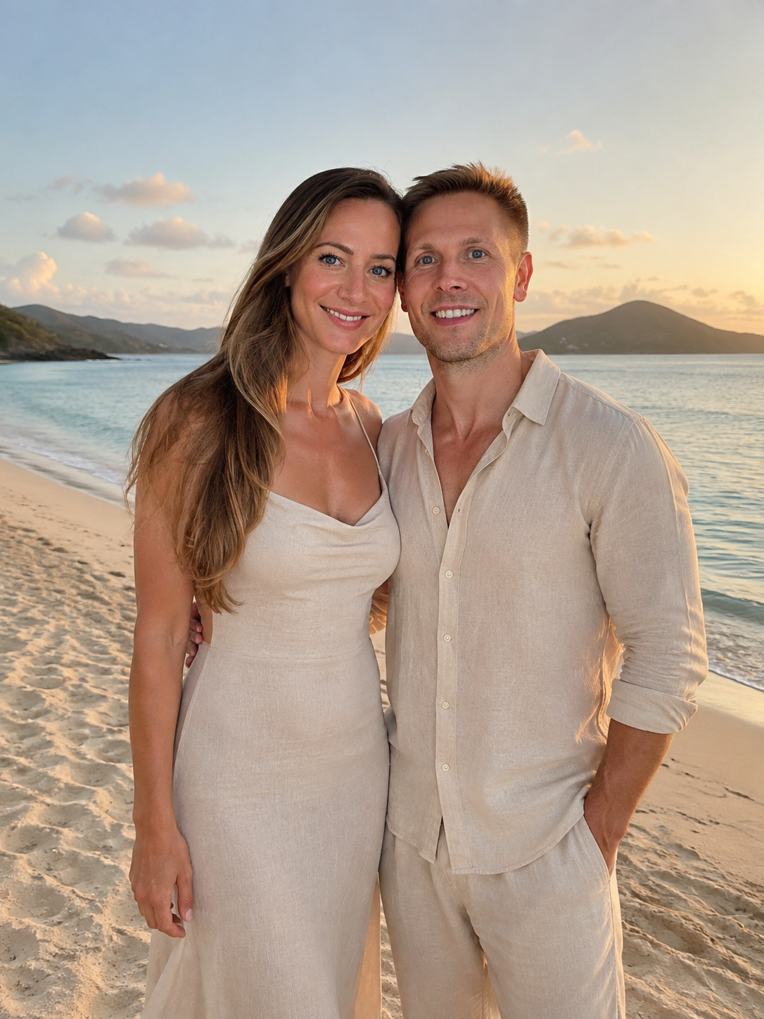 Niklas and Laura, founders of NOURA, on a quiet beach at sunset
