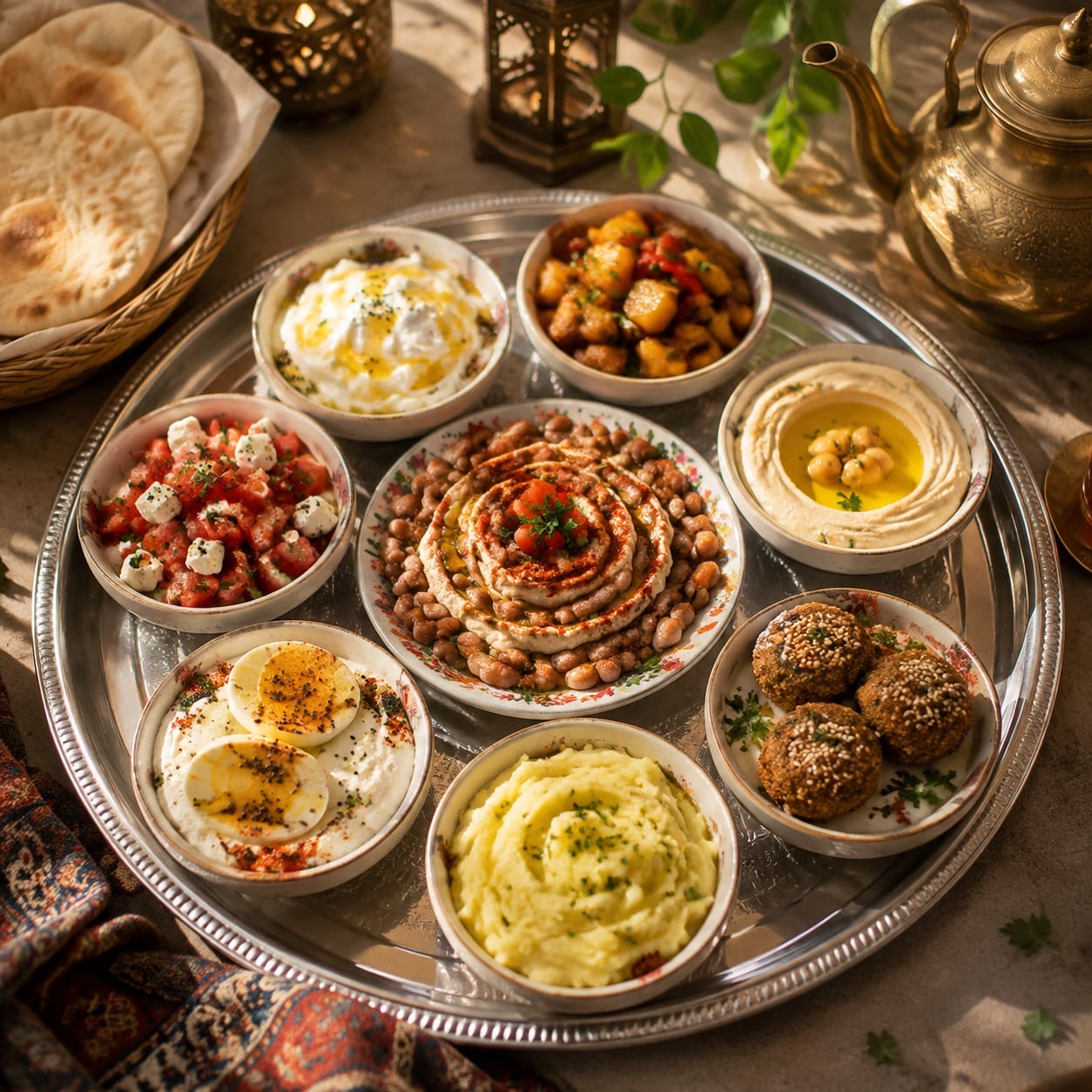 Round ornate silver platter holding eight small ceramic bowls of Arabic breakfast mezze — labneh, hummus, tomatoes, falafel — beside pita bread, a brass teapot and a filigree lantern