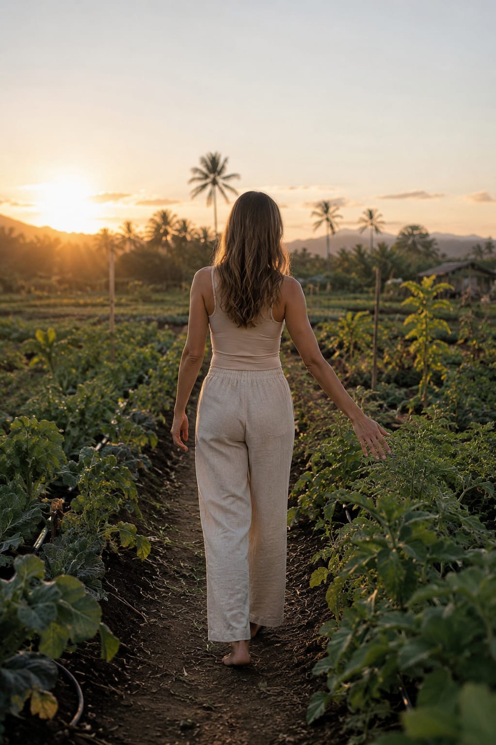 Woman walking down a narrow path between rows of green leafy crops toward a golden Lombok sunset