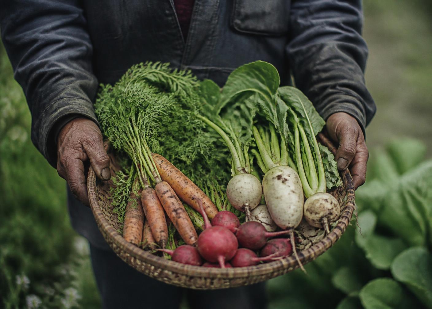 A grower holding a basket of freshly harvested organic vegetables